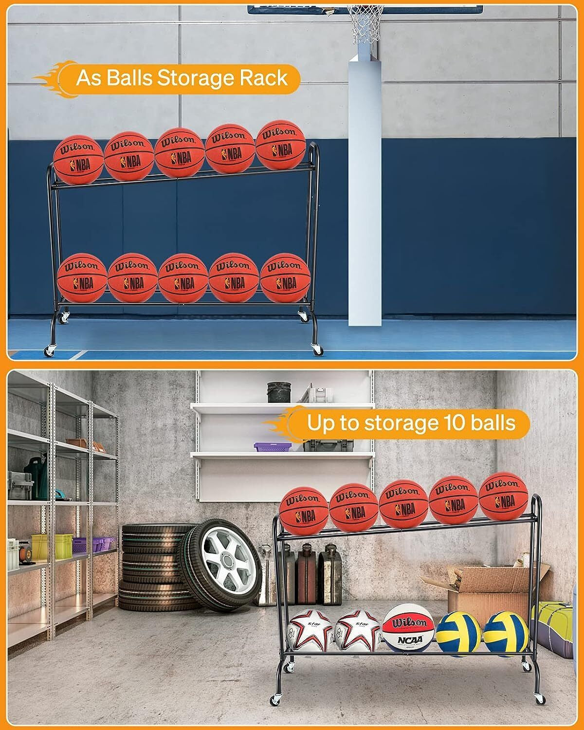 Tilt Basketball Rack Ball Storage Holder Rolling Balls Cart Shooting Training