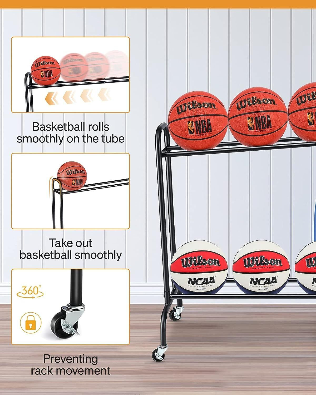 Tilt Basketball Rack Ball Storage Holder Rolling Balls Cart Shooting Training