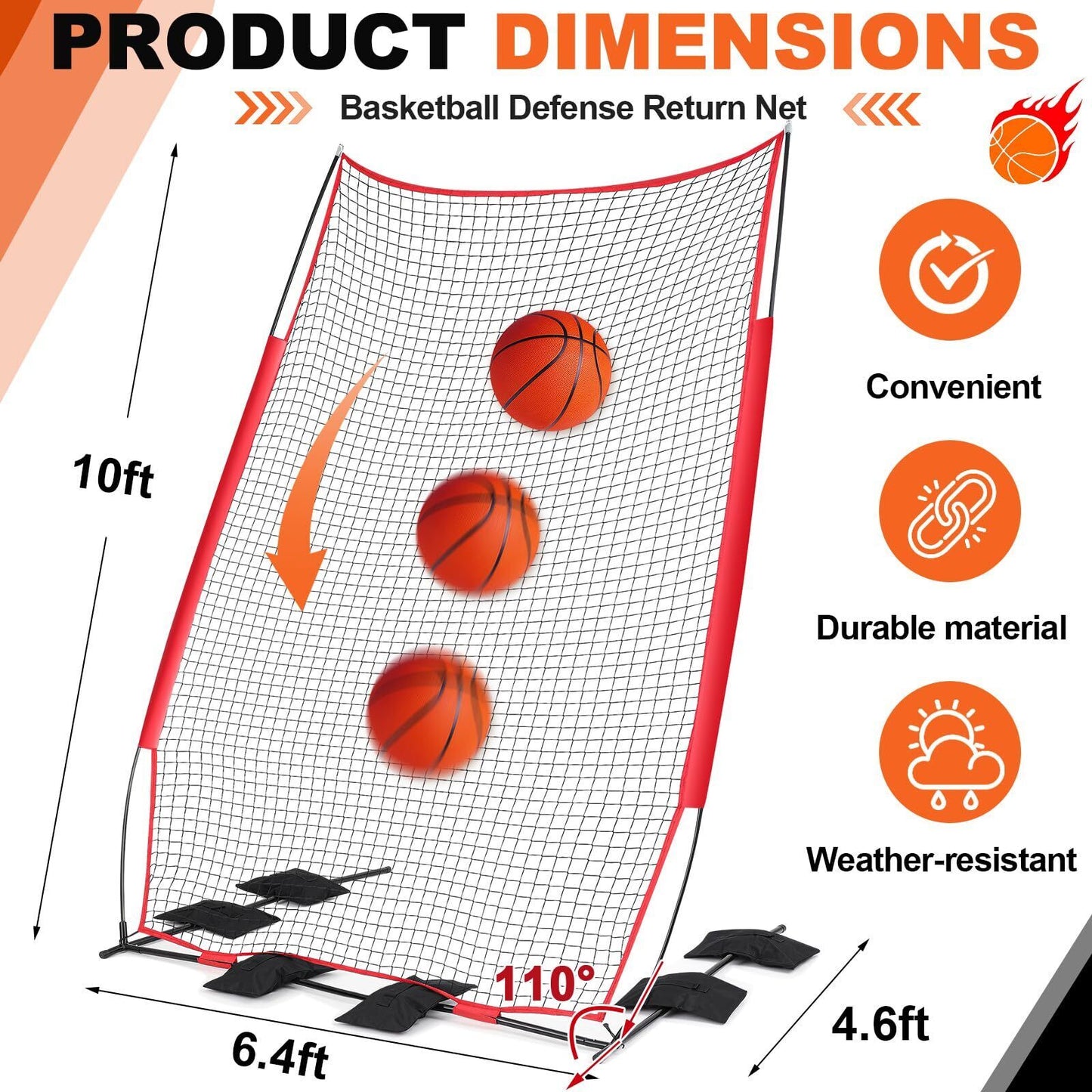 Basketball Rebounder Basketball Return System Defensive Net 6.4 X 10 Ft Sport...