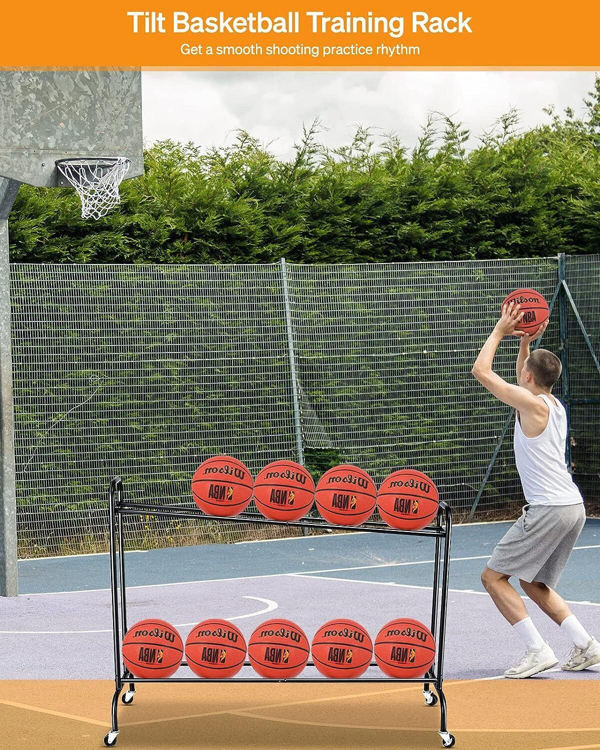 Tilt Basketball Rack Ball Storage Holder Rolling Balls Cart Shooting Training